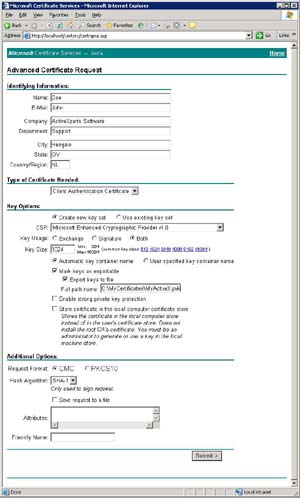 Certificate request. Mark private key as exportable